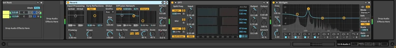 Ableton chain after the parallel rack: Reverb with automated dry/wet, OTT multiband compression and an EQ Eight boosting the second harmonic at 129 Hz by 11.2 dB