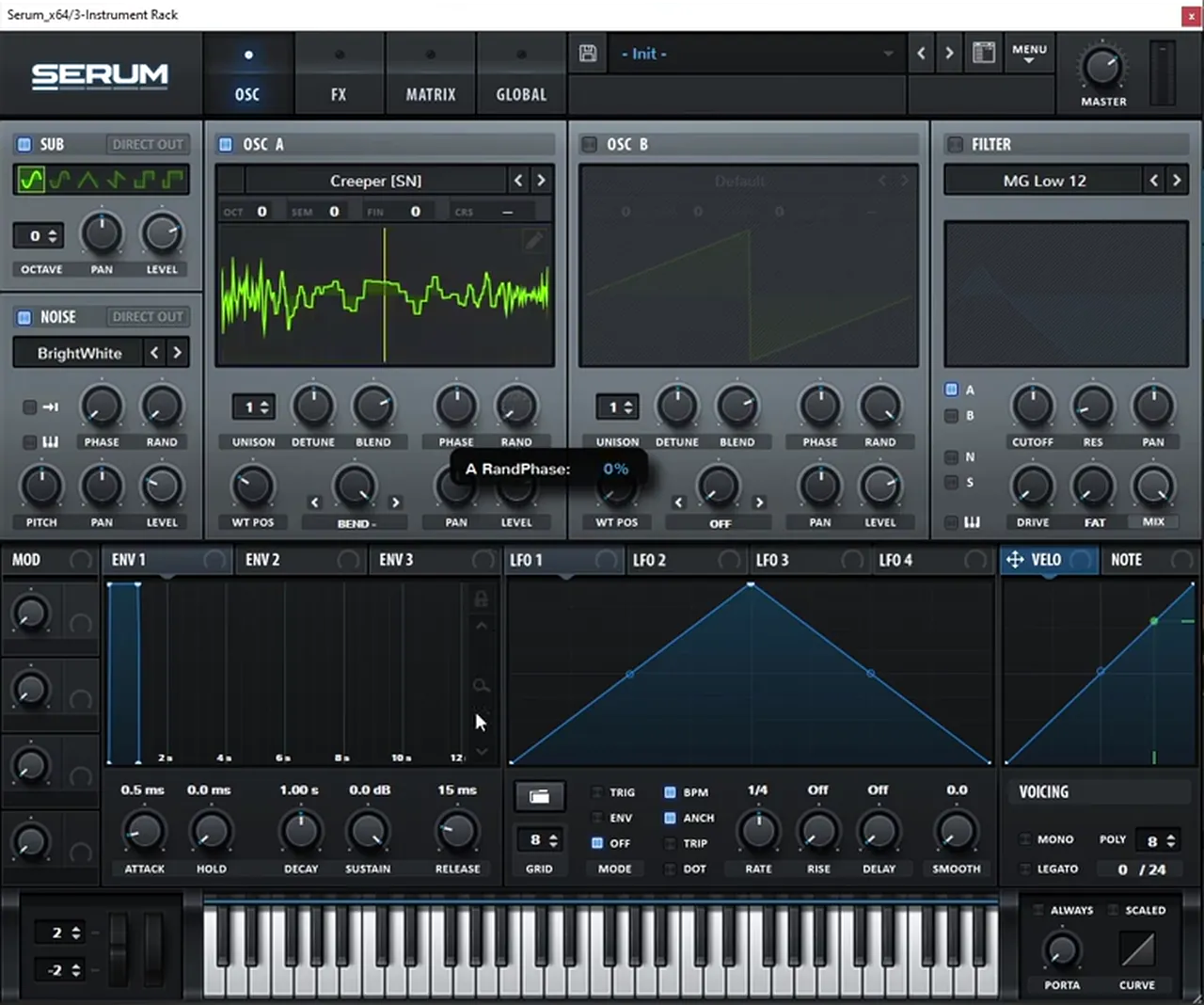 Serum with the sub and BrightWhite noise oscillators on and oscillator A random phase at 0 percent, so the foghorn bass sounds the same on every note