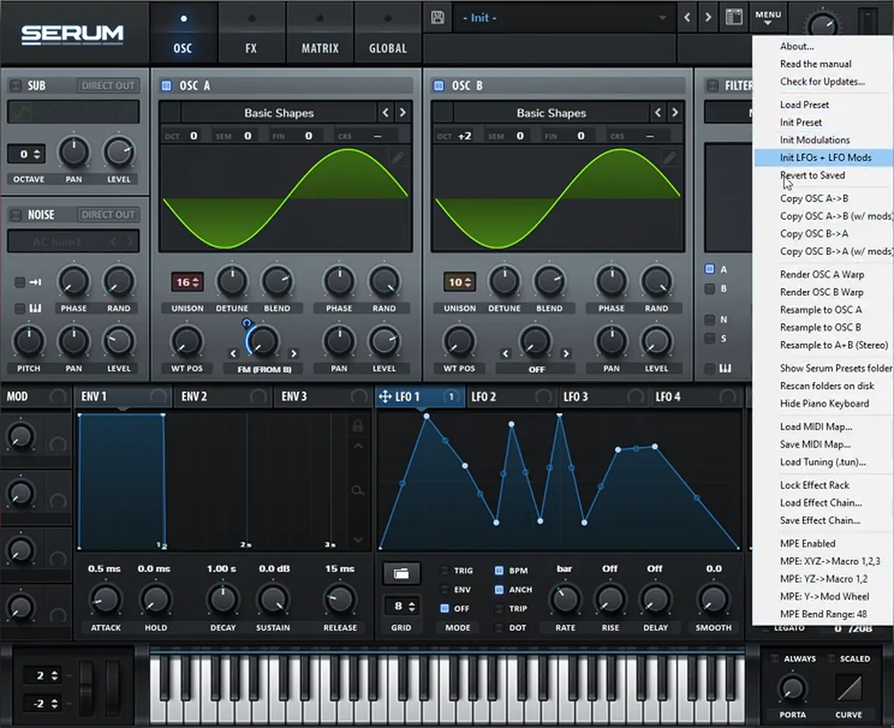Serum FM wavetable for a deep minimal DnB filler bass: two sine oscillators, Oscillator A warp set to FM from B, Oscillator B at plus 2 octaves, unison 16 and 10, a random LFO 1 shape and the menu open on Resample to OSC A