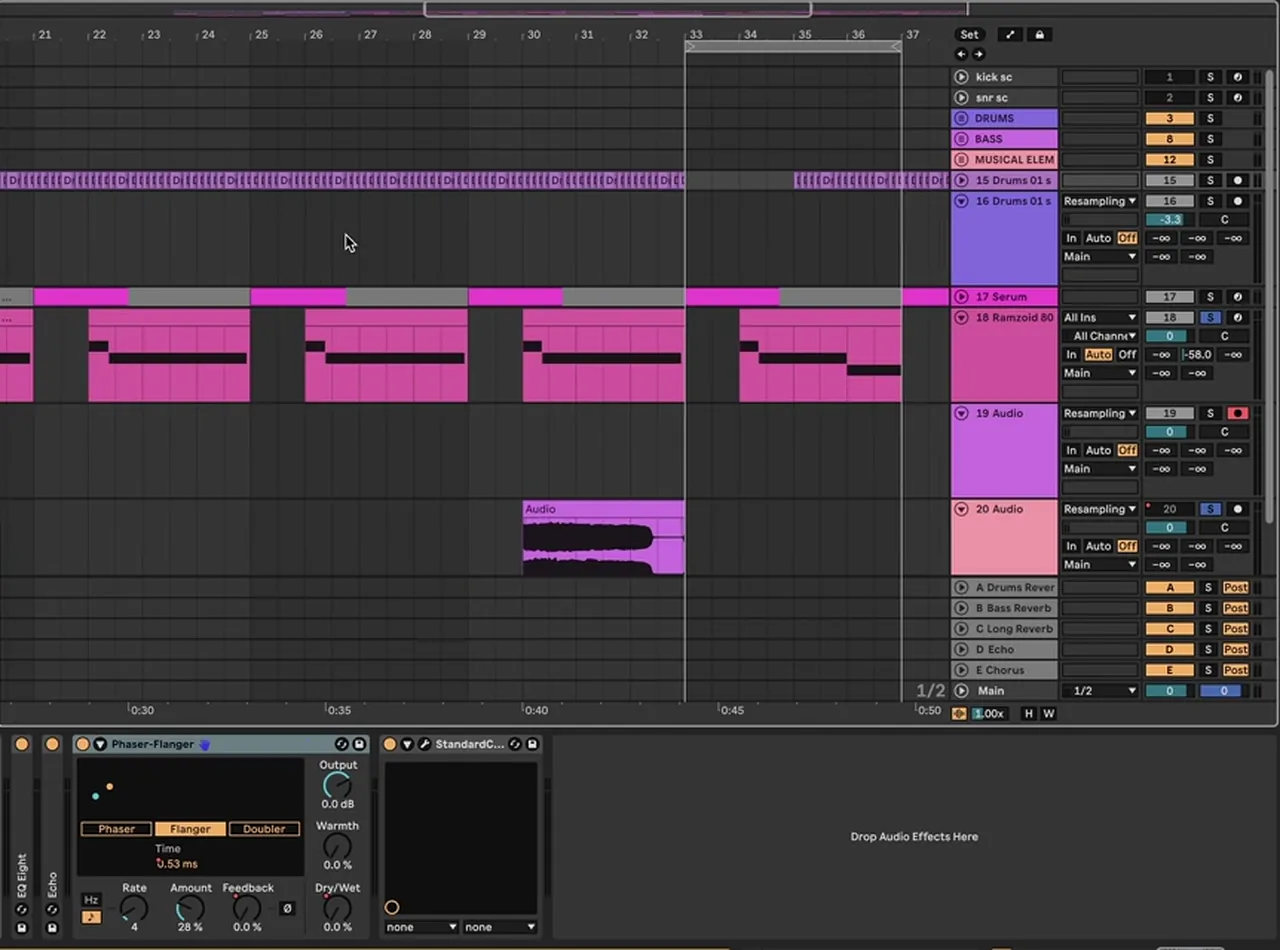 Ableton Live drum and bass transition with the drums removed for a fake-out before the next 16-bar section