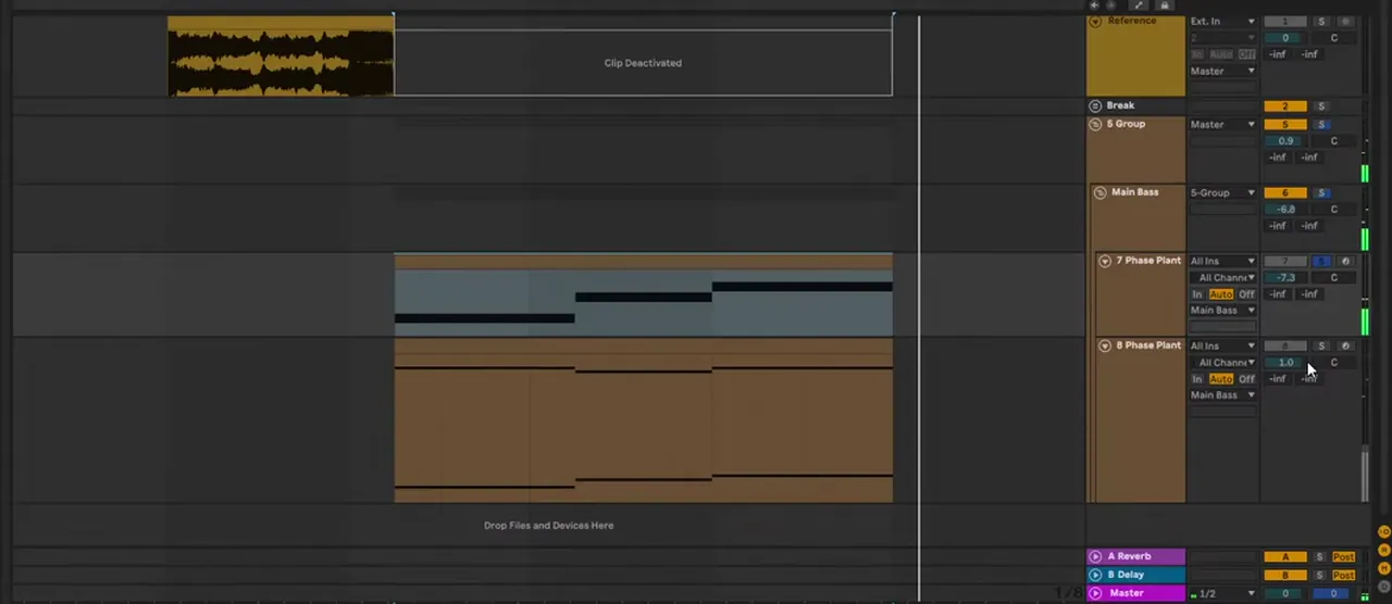Ableton Live session with two Phase Plant tracks, the reese and the harmonics layer, routed into one Main Bass group for a bass like Mefjus Hear Me