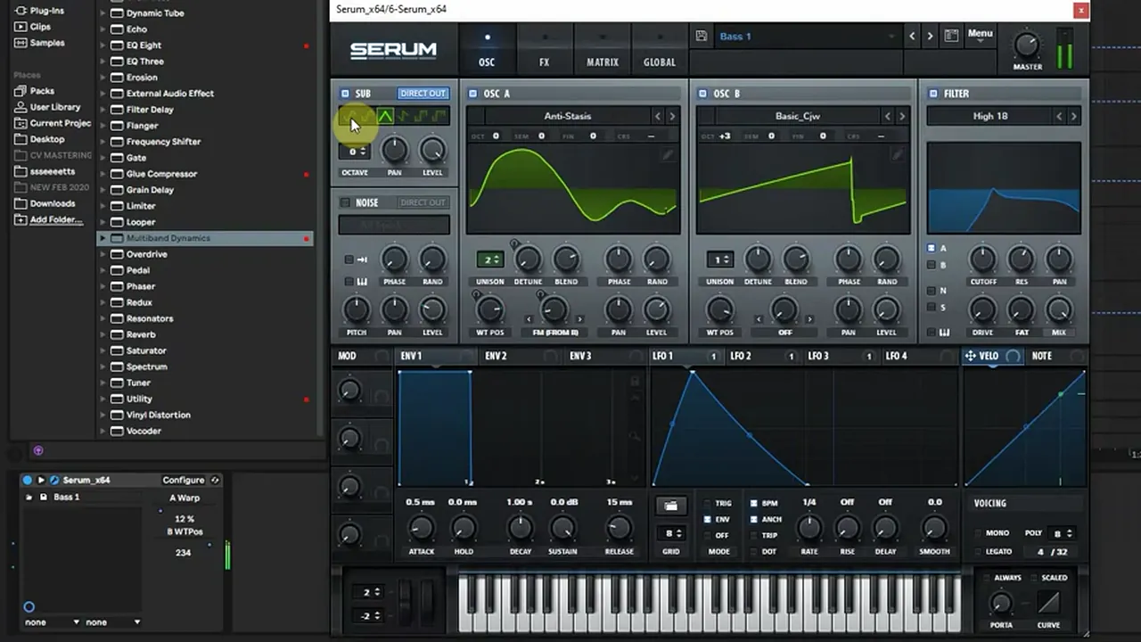 Main bass in Serum for the call: Anti-Stasis wavetable on oscillator A with FM from B, Basic_Cjw on oscillator B at plus 3 octaves, High 18 filter, sub oscillator shape being changed, Ableton Configure parameters A Warp 12 percent and B WTPos 234