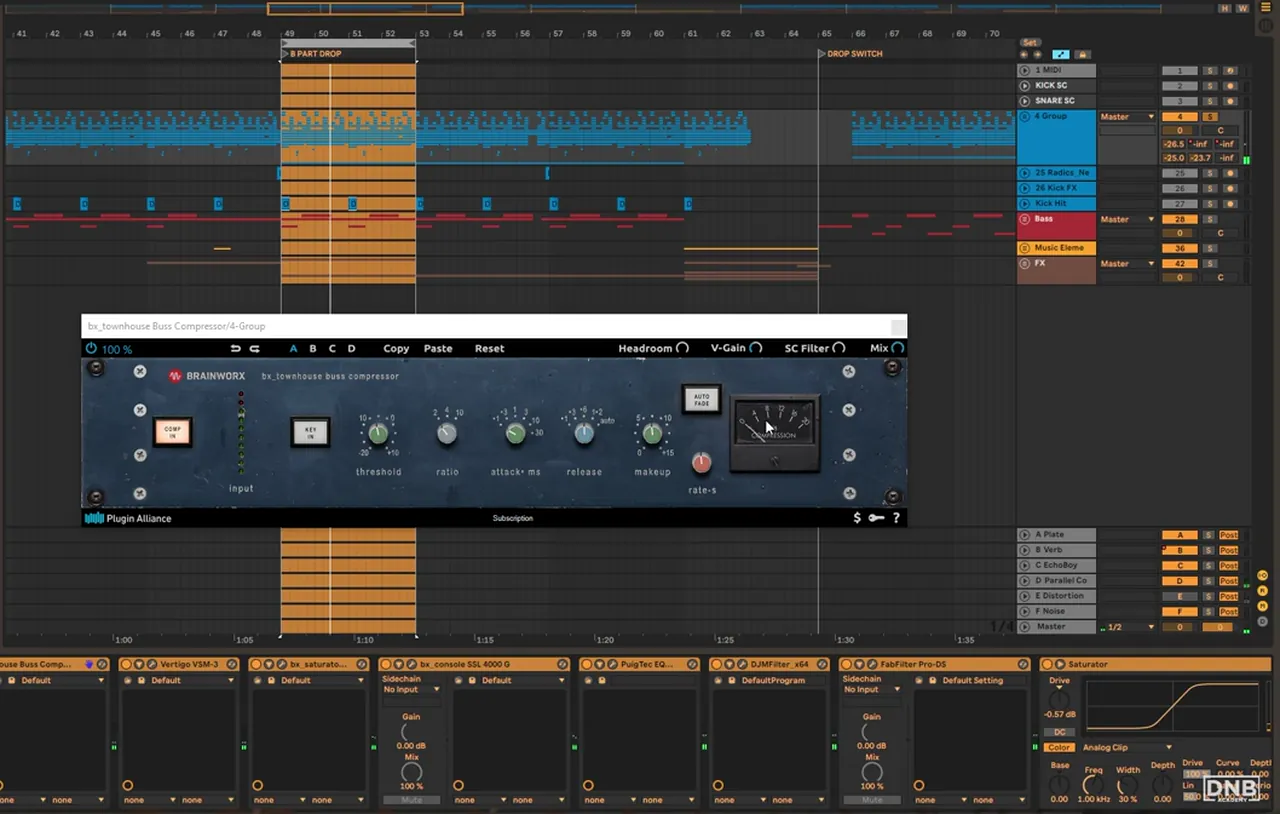 Molecular All Systems drum bus: bx_townhouse Buss Compressor, then Vertigo VSM-3, bx_saturator, bx_console SSL 4000 G, PuigTec EQP1A, DJMFilter, FabFilter Pro-DS and Saturator