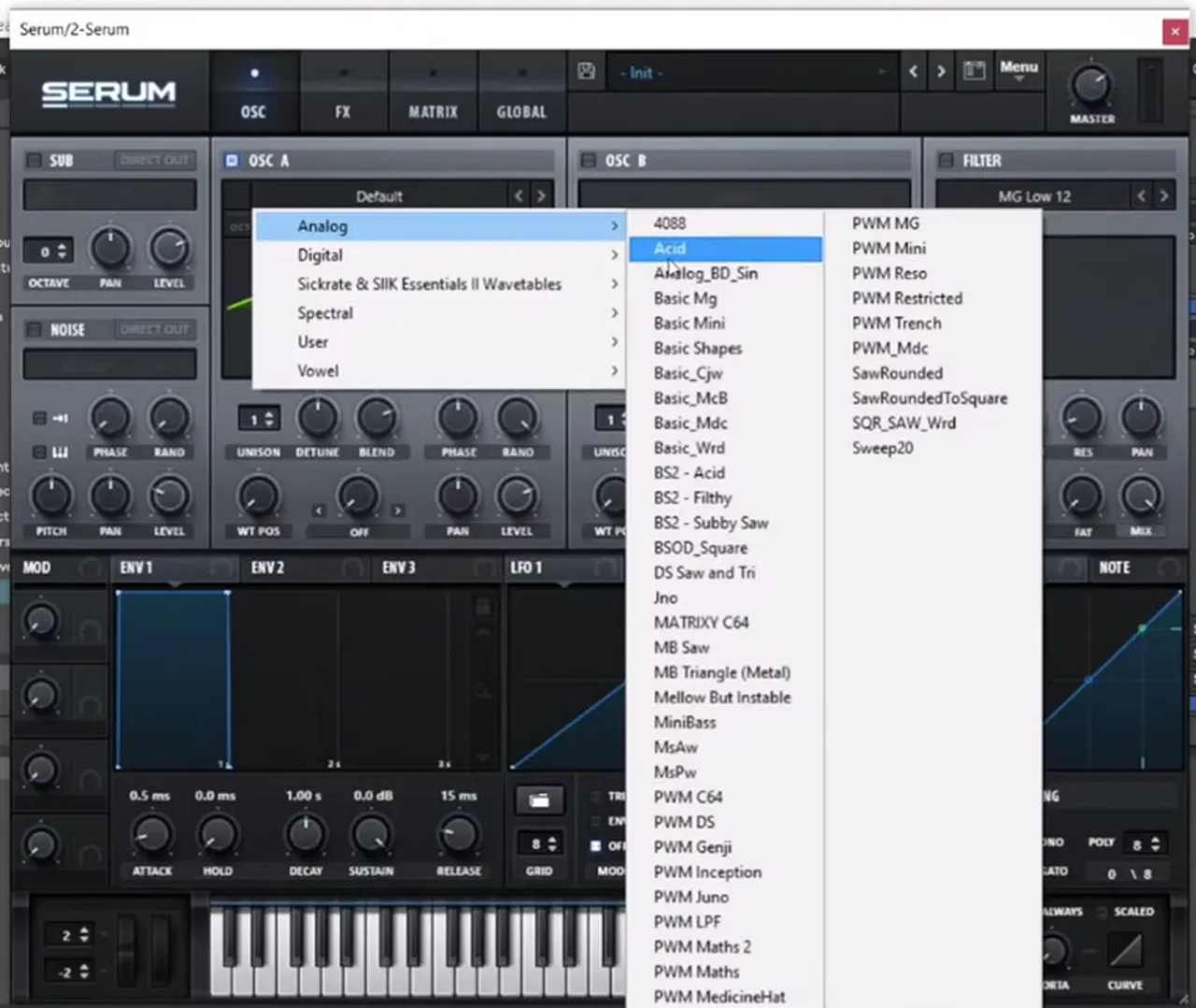 Serum wavetable menu with Analog_BD_Sin selected in the Analog folder for a minimal deep drum and bass bassline
