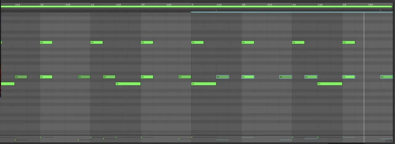 Ableton piano roll with ghost snares between the main two-step snares and lower velocities in the velocity lane
