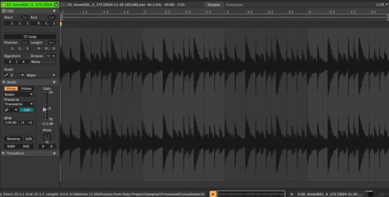 Amen break in Ableton's clip view warped to 174 BPM in Beats mode with transients preserved
