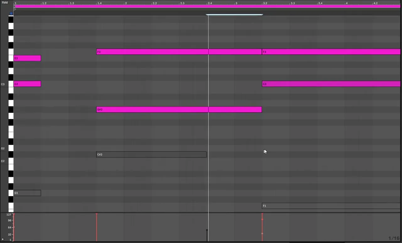Ableton piano roll where the lower notes are deactivated so only the top notes of the chromatic chords play, a lead layer in the style of No Tomorrow by Mefjus and Camo and Krooked