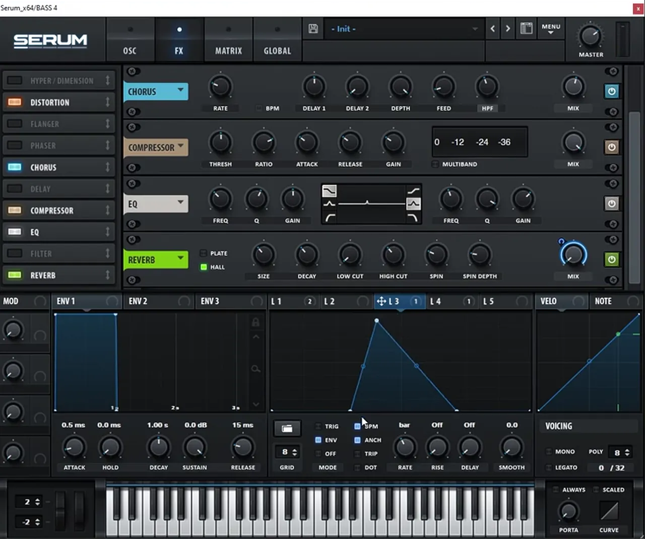Serum reverb throw for a DnB bass: LFO 3 set to one bar in envelope mode mapped to the reverb mix, after a chorus with high-pass filter, compressor and EQ