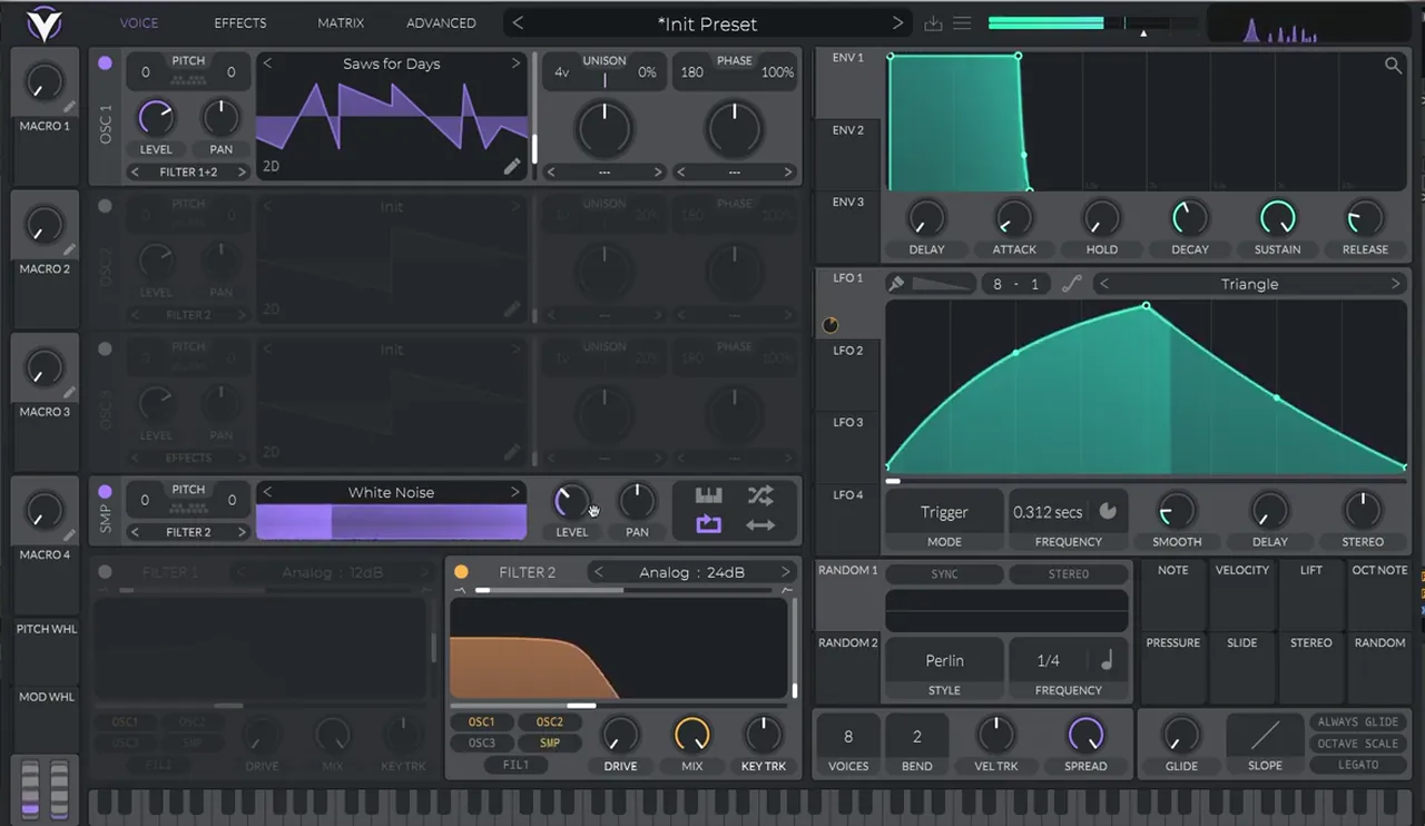 Vital sampler loaded with White Noise at a low level and routed to filter 2 alongside oscillator 1, for a Breathe-style bass