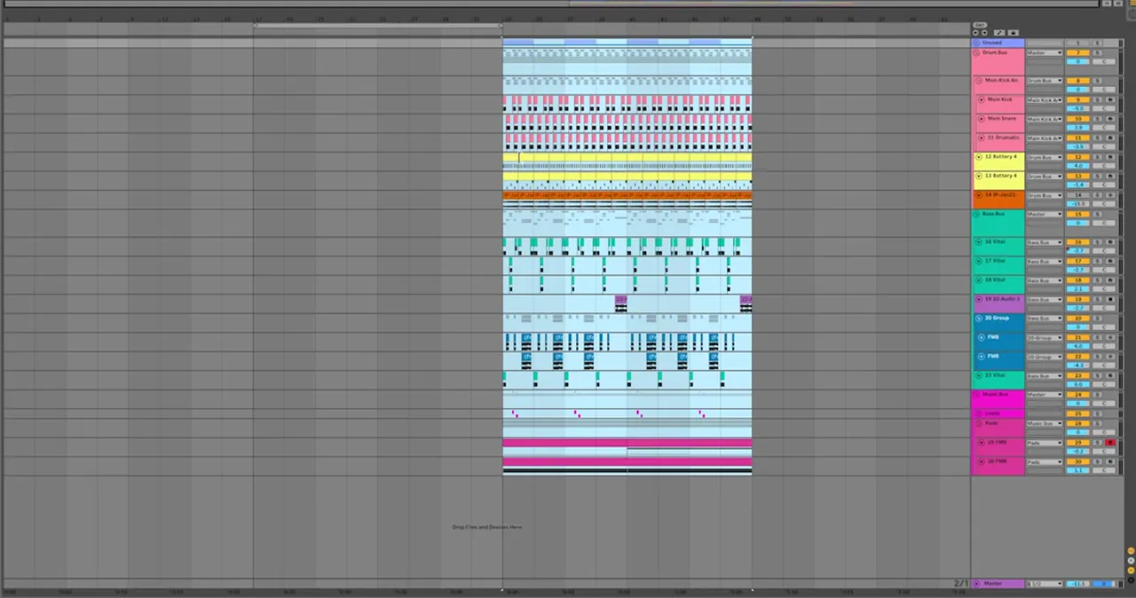 Ableton Live arrangement for a drum and bass drop: Icicle's 16-bar loop selected at bar 33, with an empty 32-bar intro before it