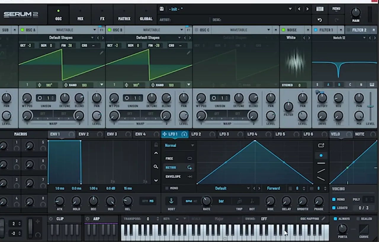 Serum 2 with the white noise oscillator on, Filter 2 set to Notch 12 and Mono and Legato voicing enabled
