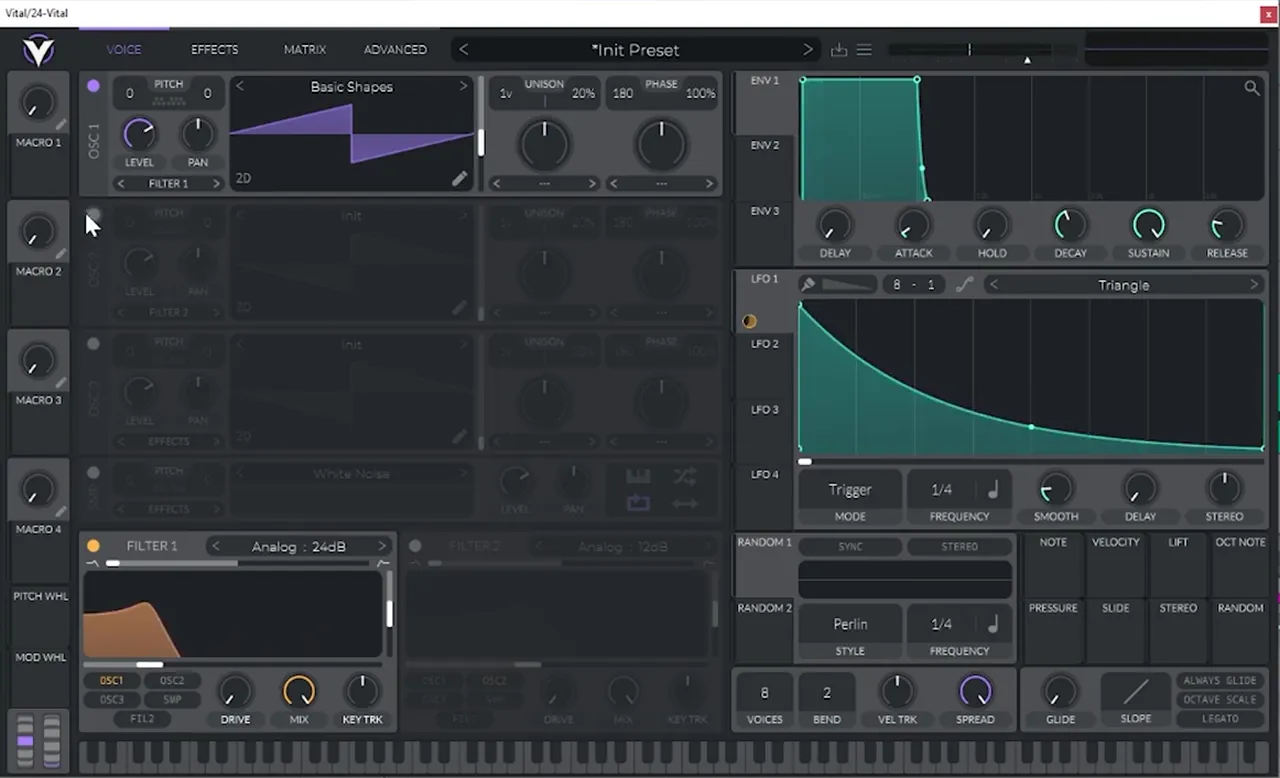 Vital LFO 1 in Trigger mode at 1/4 drawn as a decaying curve modulating the filter cutoff of a neuro stab