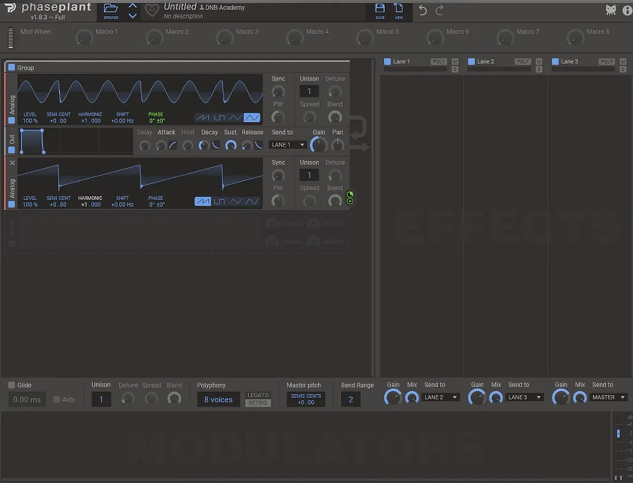 Phase Plant patch for a bass like Alix Perez: an analog sine oscillator with its phase modulated by an analog saw placed below the output module