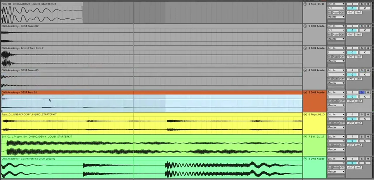 Ableton Live arrangement with eight samples for liquid drum and bass drums: liquid starter kit kick, GEST snares and perc, Bristol Tech perc, tops loop, a 174 BPM bell in B minor and the Counterstrike drum loop