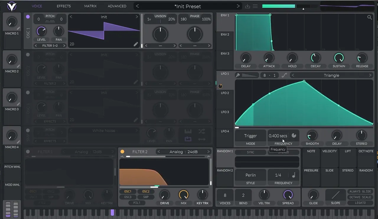 Vital filter 2 set to Analog 24dB with oscillator 1 routed in, and LFO 1 in Trigger mode at 0.400 seconds with a curved rise and fall, for a Breathe-style bass
