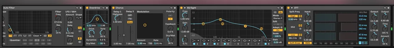 Ableton Live chain for the second bass: Overdrive, Chorus at 36% dry/wet, EQ Eight boosting the low mids and cutting the highs, and OTT at 44% amount