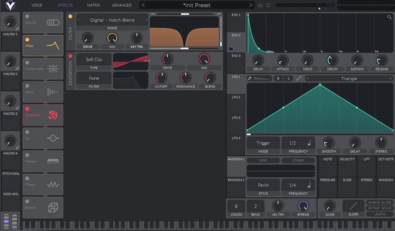 Vital distortion effect set to Soft Clip with the drive raised, after a Digital Notch Blend filter, for a future DnB noise bass hit