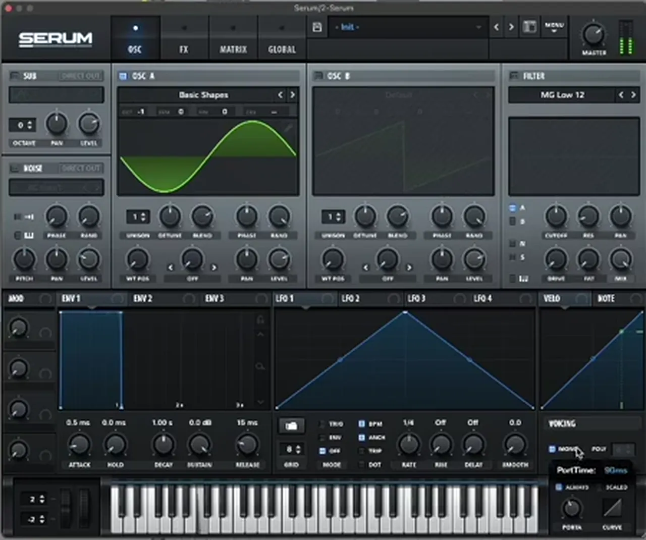 Serum init patch used as a drum and bass sub bass: Osc A Basic Shapes sine at octave -1, mono on, portamento time 90 ms