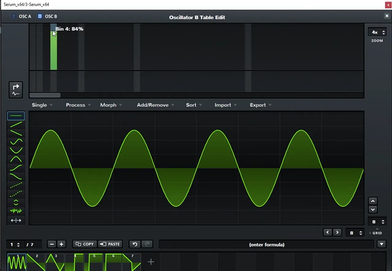 Serum oscillator B table editor showing harmonic bin 4 for a foghorn bass variation like Skantia Clapper