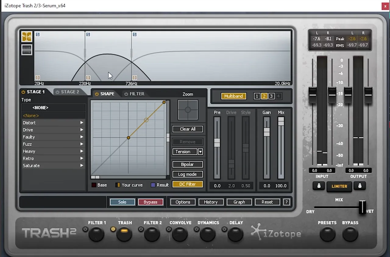iZotope Trash 2 in multiband mode with crossovers at 230 Hz and 736 Hz for a foghorn bass like Skantia Clapper