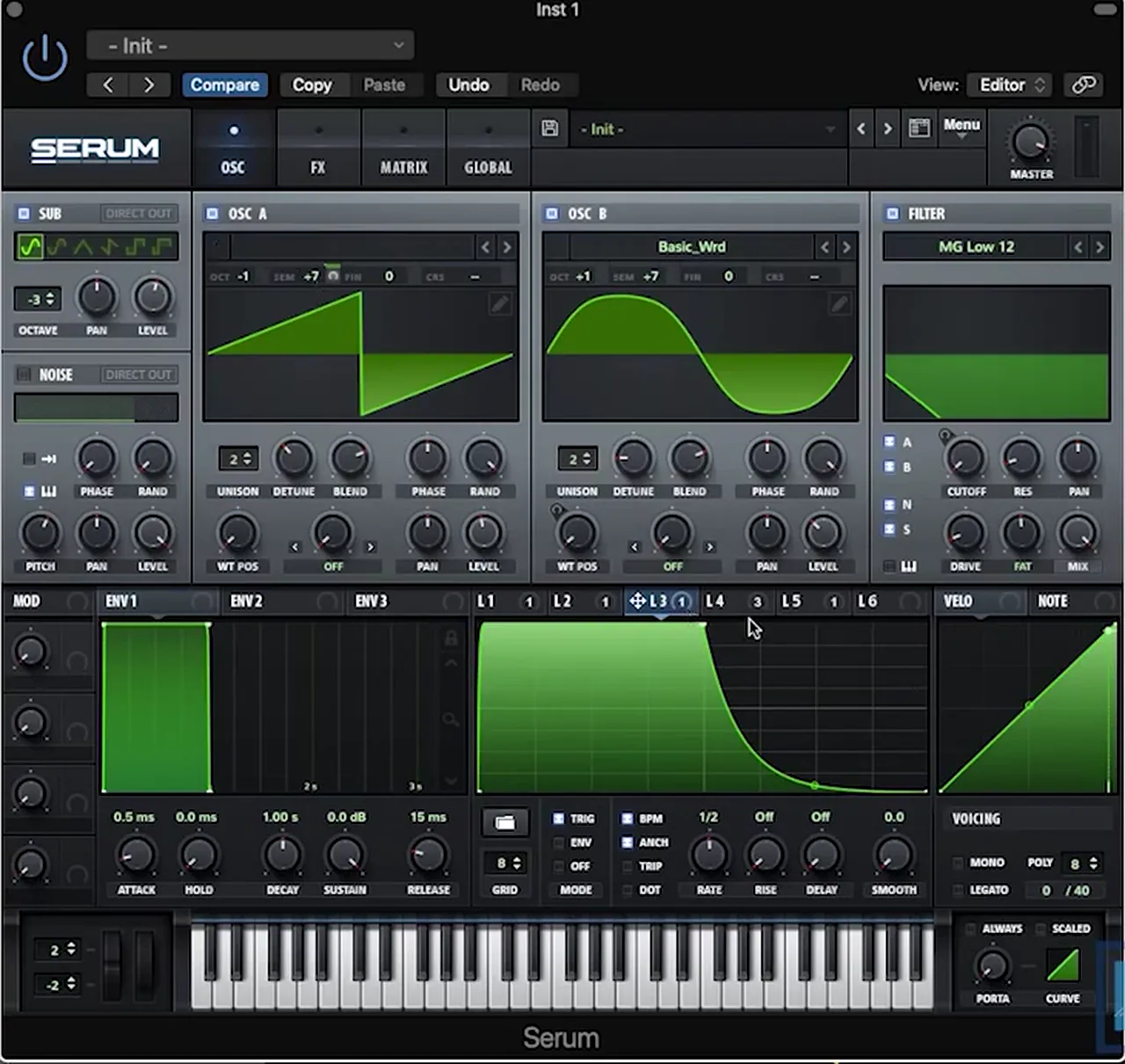 Serum patch in a dancefloor drum and bass track: saw on Osc A and Basic_Wrd on Osc B with unison 2, MG Low 12 filter, LFO 3 at 1/2 rate modulating semitone pitch