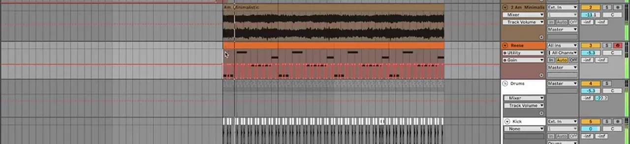 Ableton Live Utility gain automation used as sidechain on a liquid DnB reese bass, with a dip drawn at every kick across the pattern