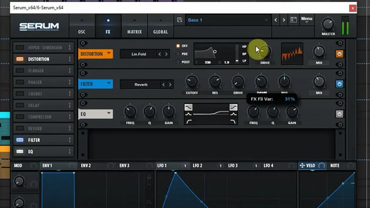 Serum FX rack on the main bass: Lin.Fold distortion, FX filter in Reverb mode with the damping control at 31 percent, and the Serum EQ