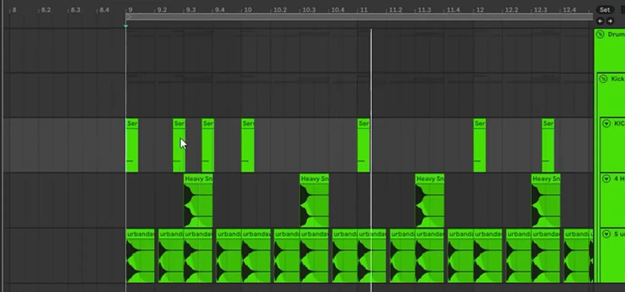 Halftime drum pattern in Ableton with shuffled hi-hat pairs and extra kicks placed around the snare