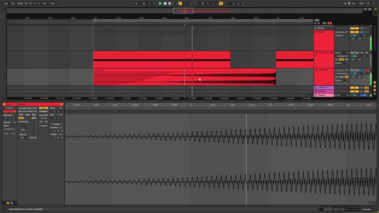 Ableton Live clip view of a resampled and reversed DnB bass tail with a fade-in, Warp on in Complex mode and the segment BPM doubled to 172