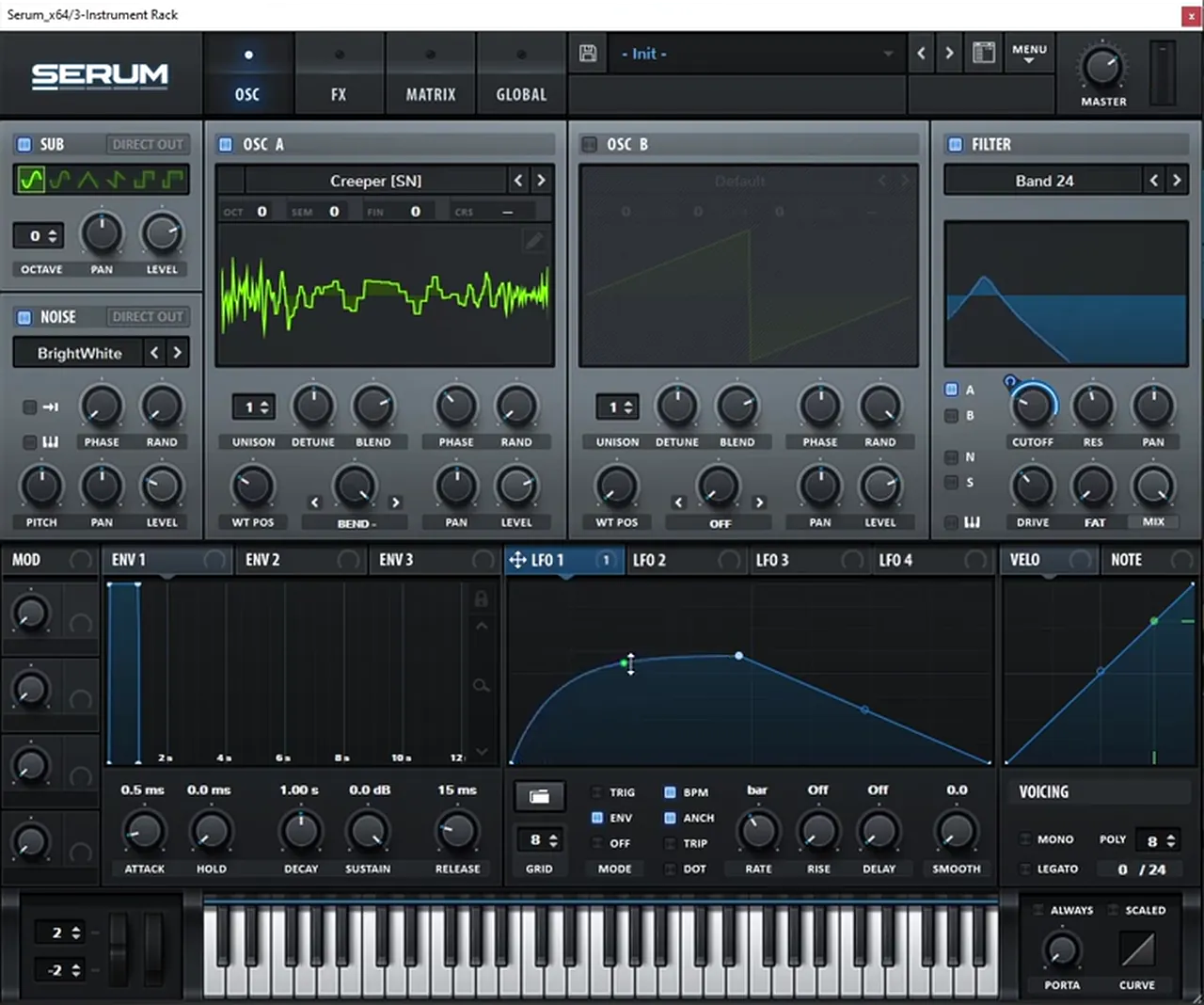 Serum Band 24 filter on oscillator A with LFO 1 in ENV mode at a 1 bar rate and a curved shape modulating the cutoff, for a growling foghorn bass