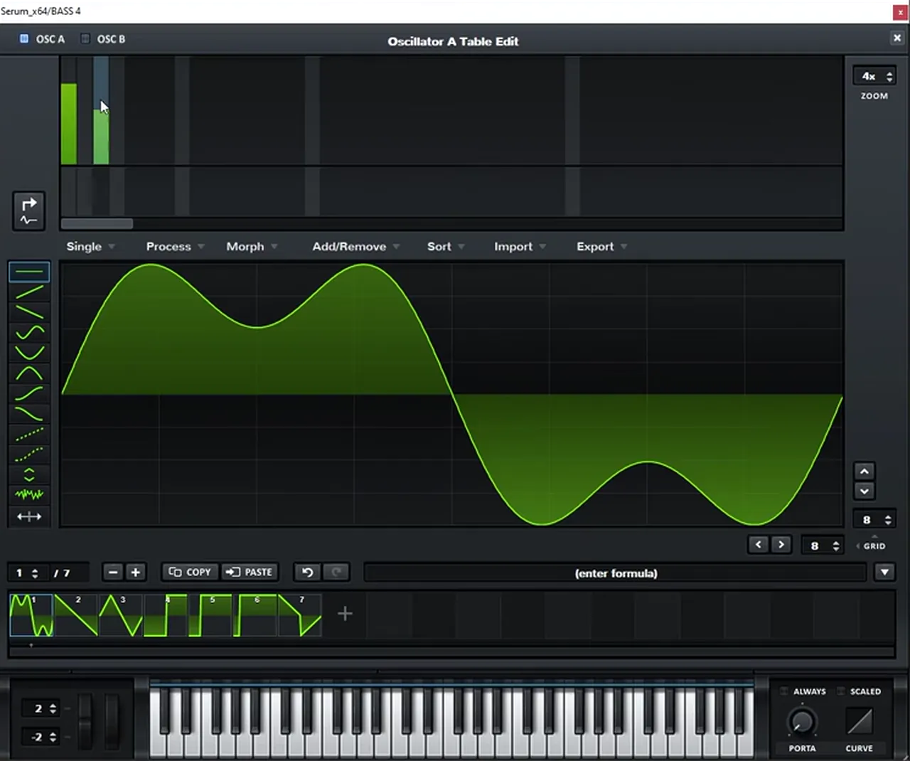 Serum wavetable editor for a DnB sine bass: oscillator A table edit with harmonic 1 and harmonic 3 added, giving a sine with a third harmonic on top