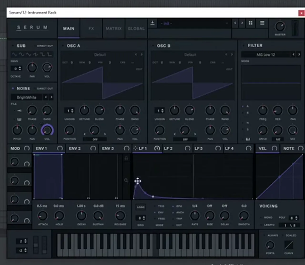 Second Serum chain for a DnB kick: oscillators off, noise oscillator on BrightWhite, LFO 1 envelope ramping in just after the transient
