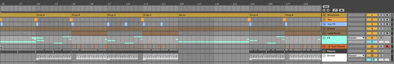 Ableton Live arrangement of a liquid DnB track with a Structure track of named MIDI clips: Drop A, Drop B, Drop A, Drop C, Verse, then Drop A and Drop B again, above Vox, Vox FX, Atmos, Lead Pluck, FX, Tech Chord, Basses and Drums groups