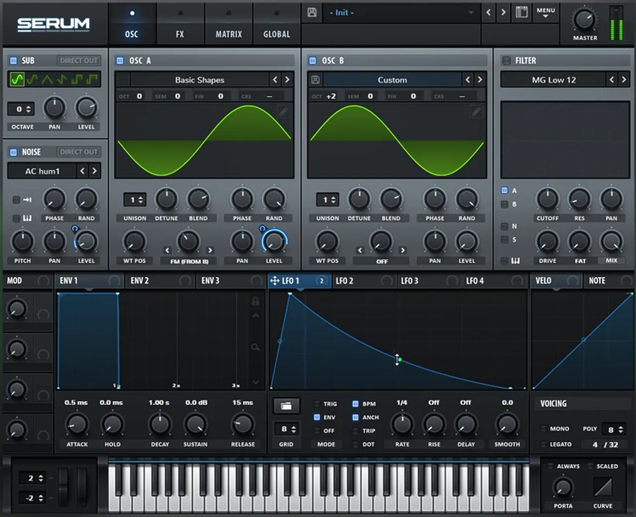 Serum LFO 1 in ENV mode with a pluck shape mapped to oscillator A level and the noise level, with the sub on, for an FM bass like Buunshin Acolyte