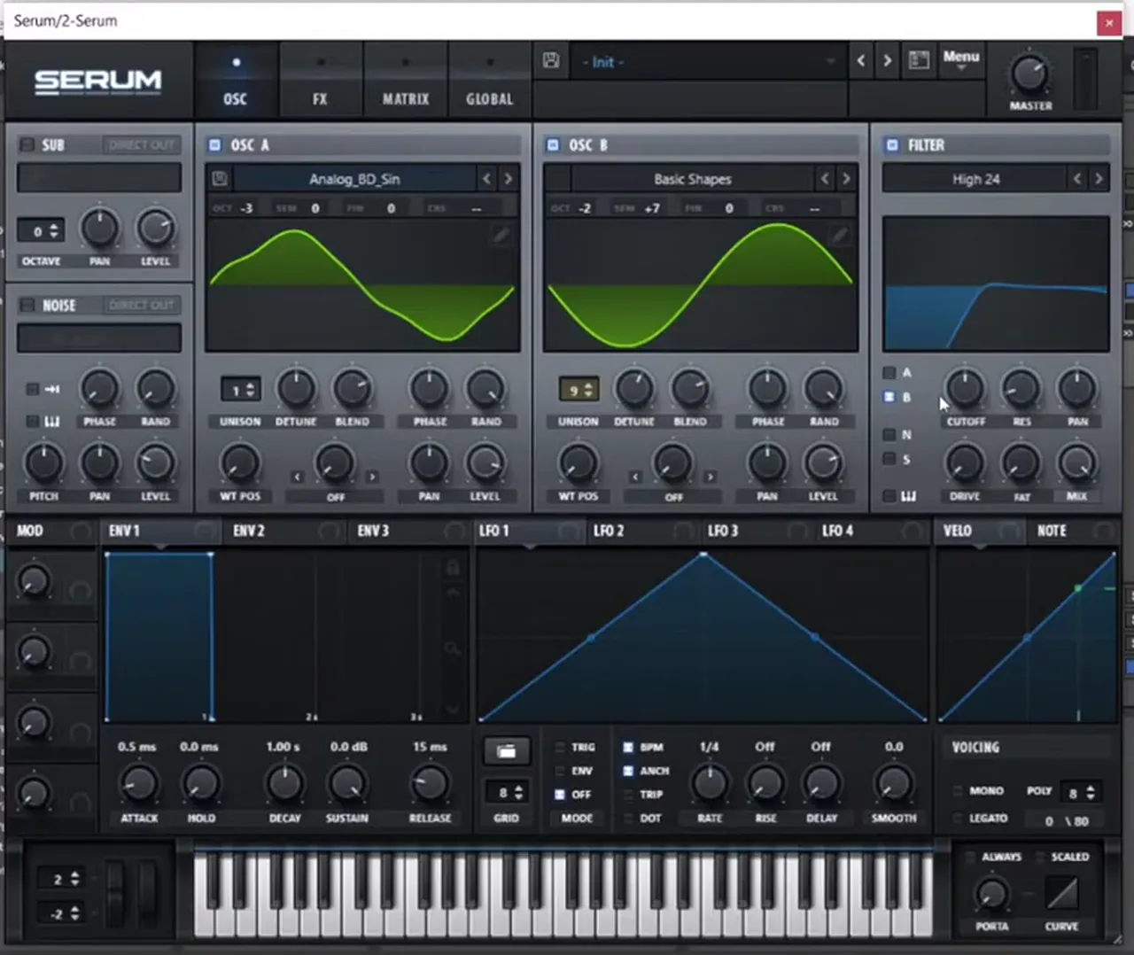Serum with Analog_BD_Sin on oscillator A at octave -3, Basic Shapes on oscillator B at +7 semitones with 9 unison voices and a High 24 filter routed to oscillator B only