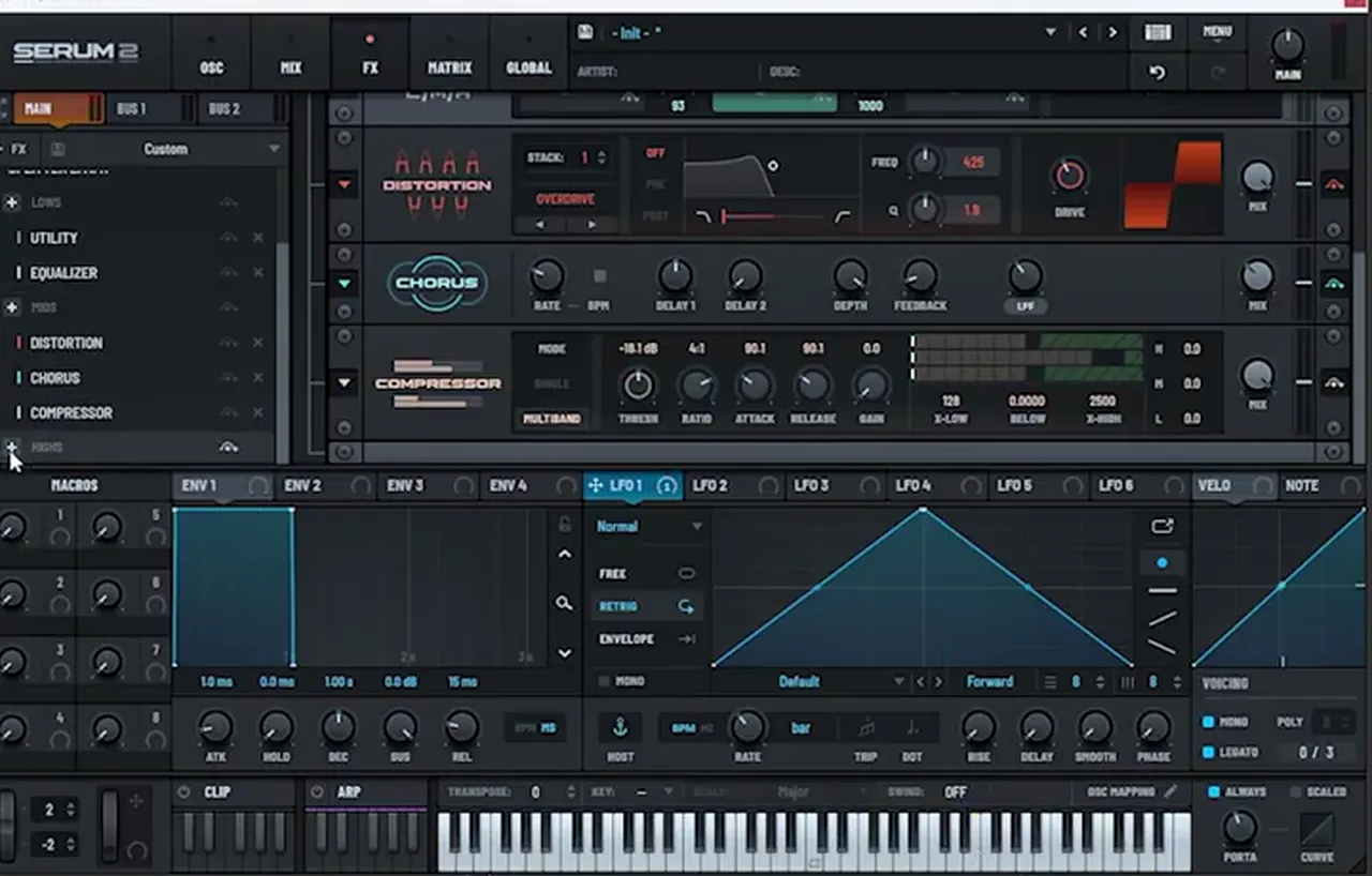 Serum 2 mid band chain: Overdrive distortion, chorus and a multiband compressor with a minus 18.1 dB threshold and 4 to 1 ratio