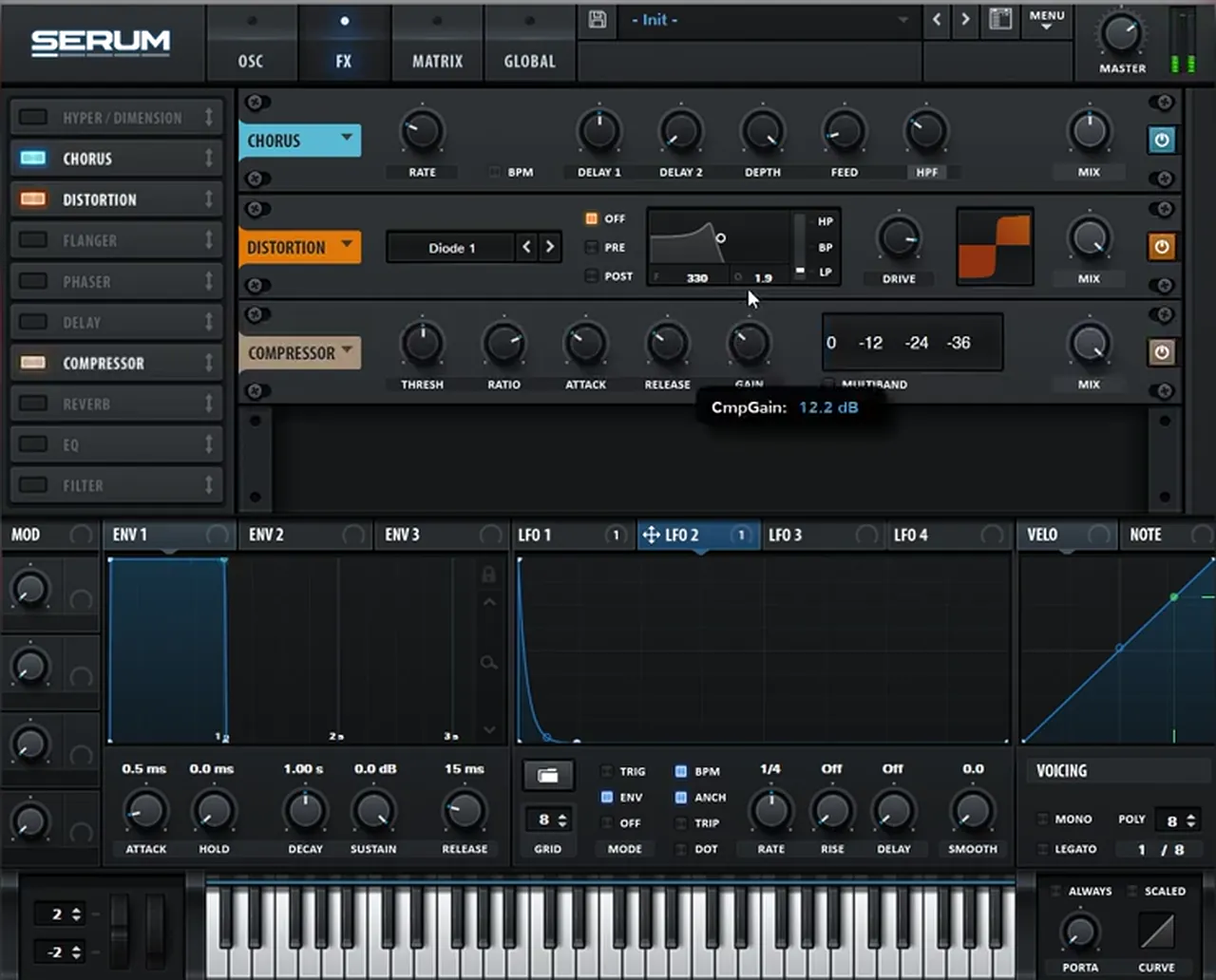Serum FX rack for an Alix Perez and Skeptical style bass: Chorus with the filter set to HPF, then Distortion in Diode 1 mode, then a Compressor with gain turned up