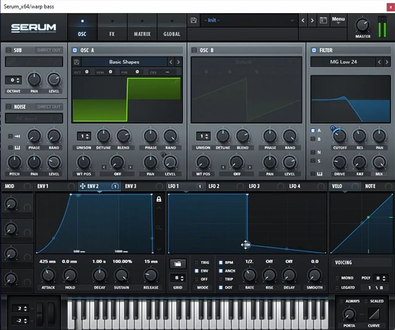 Jungle warp bass in Serum: a square wave from Basic Shapes into an MG Low 24 filter, envelope 2 with a 425 ms attack modulating the cutoff