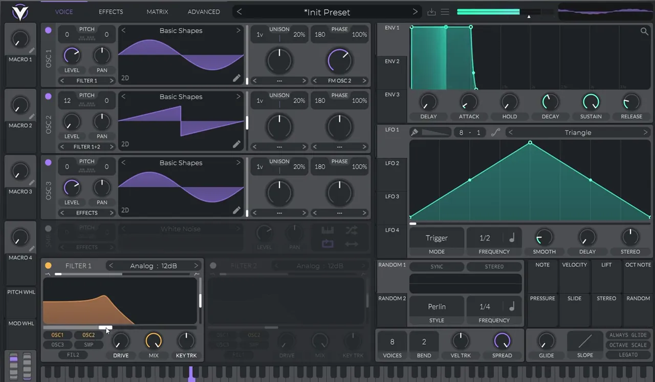 Vital with a sine sub on oscillator 3, oscillator 2 at 12 semitones and Filter 1 Analog 12 dB on oscillators 1 and 2, for a deep bass like Skeptical Desire