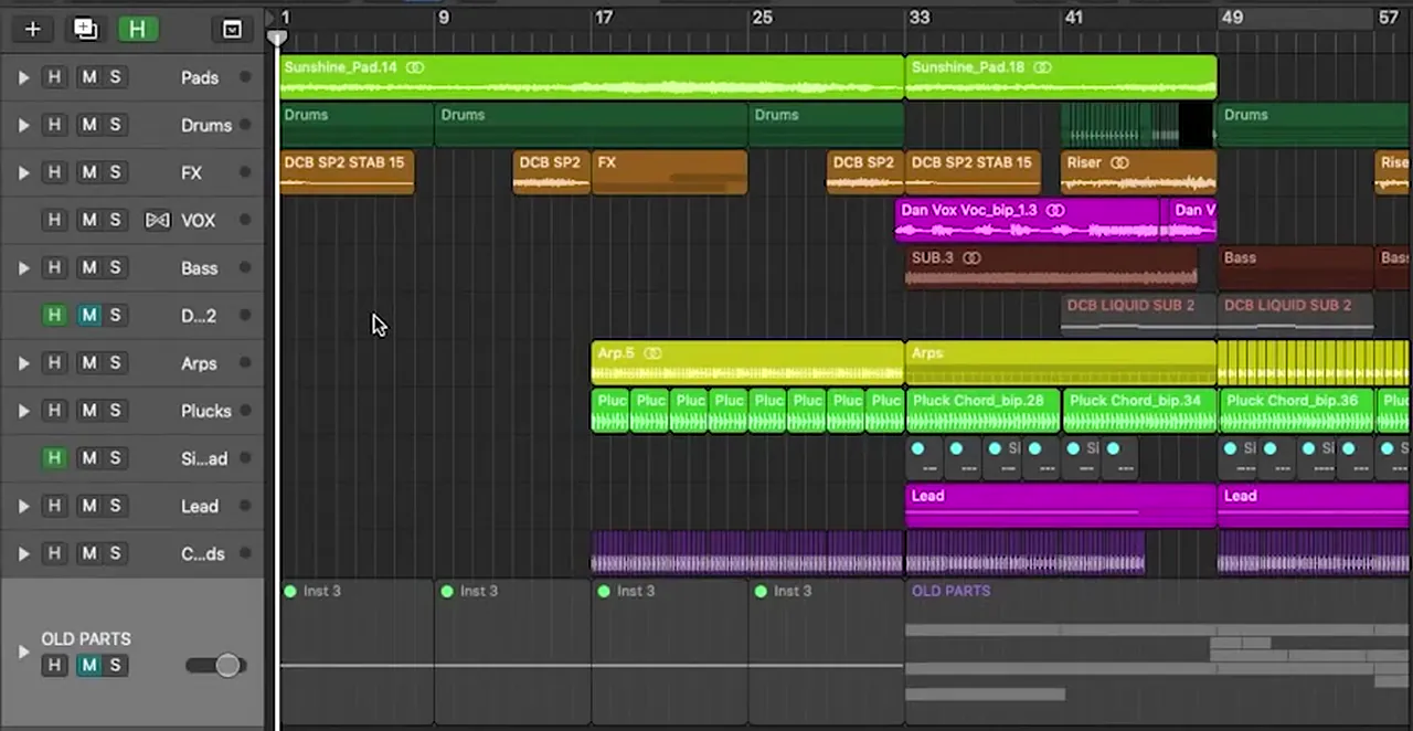 Logic Pro arrangement of a dancefloor drum and bass sketch at 174 BPM: pads and drums from bar 1, arps and plucks from bar 17, vocal and lead from bar 33, drop at bar 49