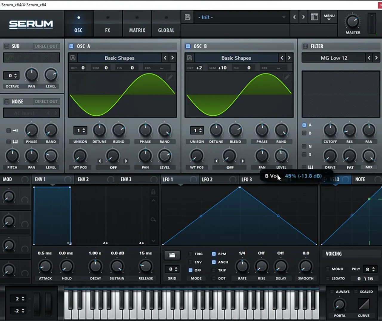 Serum oscillators for a bass like Bou Poison: sine waves on oscillator A and B, with oscillator B pitched two octaves and ten semitones up