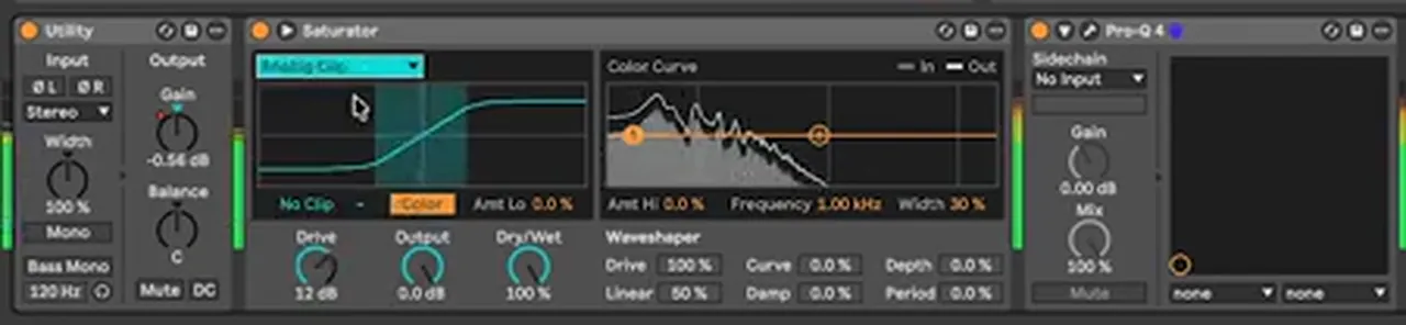 Ableton Utility with Bass Mono at 120 Hz on a DnB bass group, followed by Saturator and FabFilter Pro-Q 4