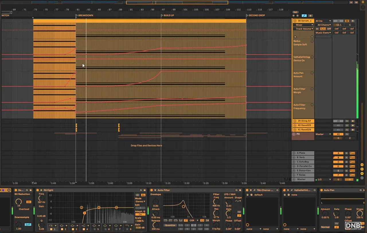 Bit-crushed pad in Molecular All Systems: Redux bit reduction, EQ Eight, Auto Filter, TAL-Chorus, ValhallaVintageVerb and Auto Pan, with automation lanes for Auto Pan amount and Auto Filter frequency and morph through the breakdown and build up