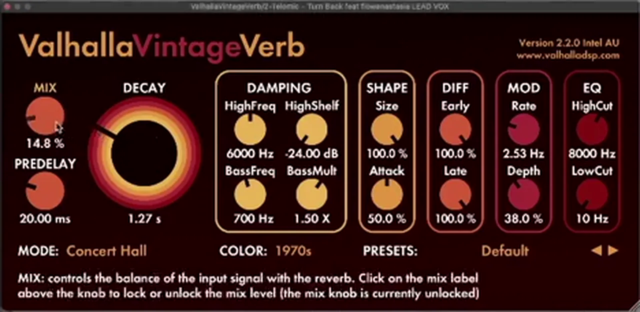 Valhalla VintageVerb on a drum and bass vocal: Concert Hall mode, 1970s colour, 20 ms predelay, 1.27 s decay, mix around 15 percent