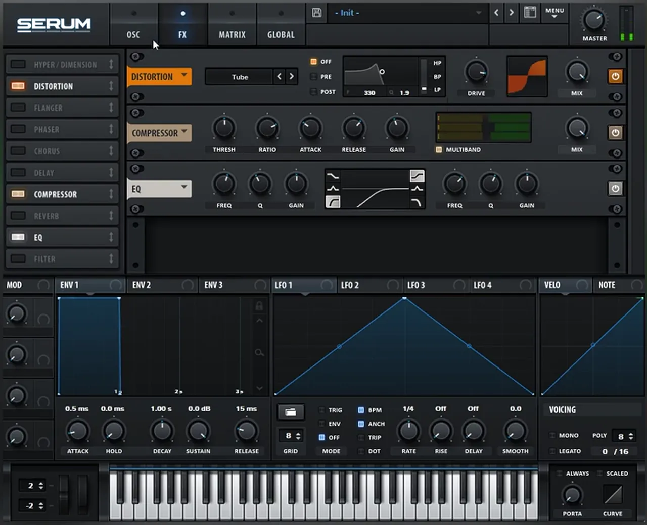 Serum FX rack with Tube distortion, a compressor and an EQ, processing the sine and noise layers of a Buunshin Acolyte style noise hit