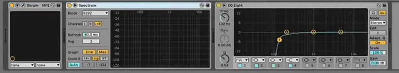 Ableton EQ Eight high-pass filter at 132 Hz on a drum and bass reese bass so the separate sine sub owns the low end