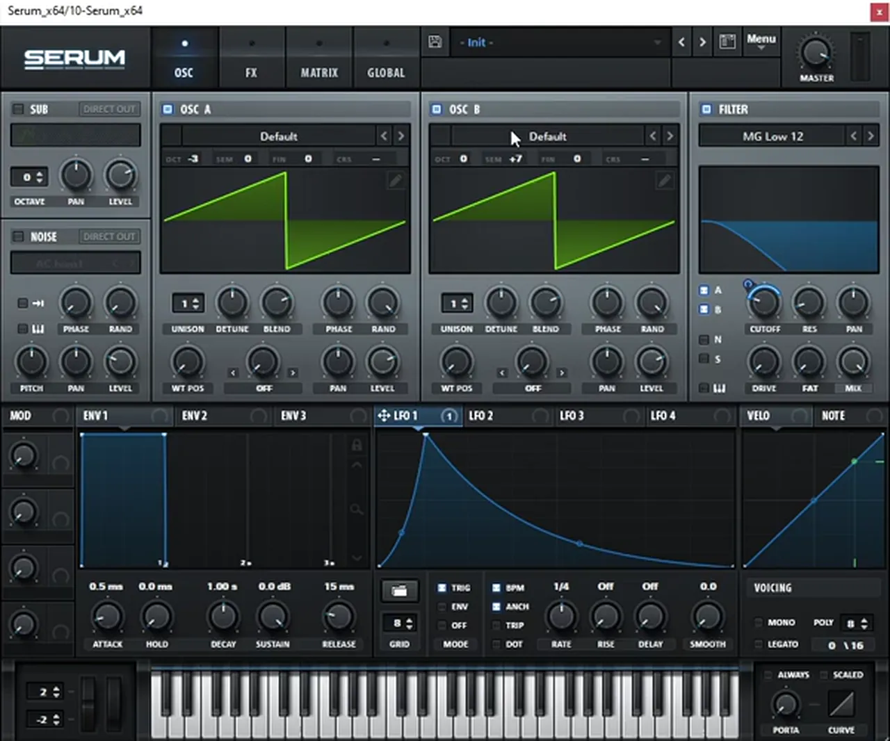 Serum classic jump up bass: oscillator A saw at octave -3, oscillator B saw at octave -3 and +7 semitones, MG Low 12 filter with LFO 1 on the cutoff in trigger mode