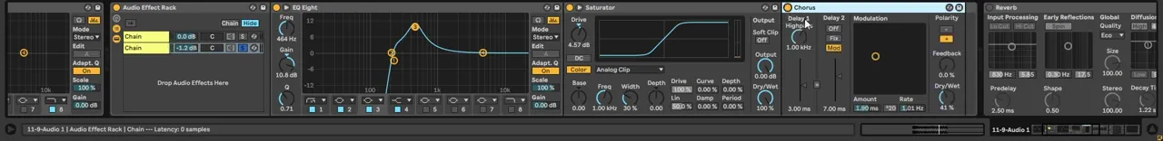 Ableton parallel chain for a techy DnB bass: EQ Eight high-pass with a boost at 464 Hz, Saturator on Analog Clip with 4.57 dB drive, then Chorus at 41% dry/wet