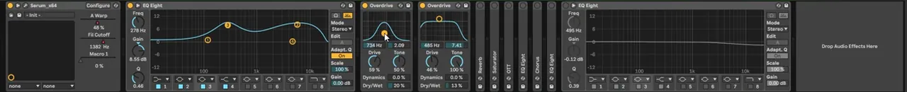 Ableton chain after Serum: EQ Eight with a 278 Hz bell boost, and two Overdrive devices focused on the mids at about 734 Hz and 485 Hz, for a bass like Buunshin Acolyte