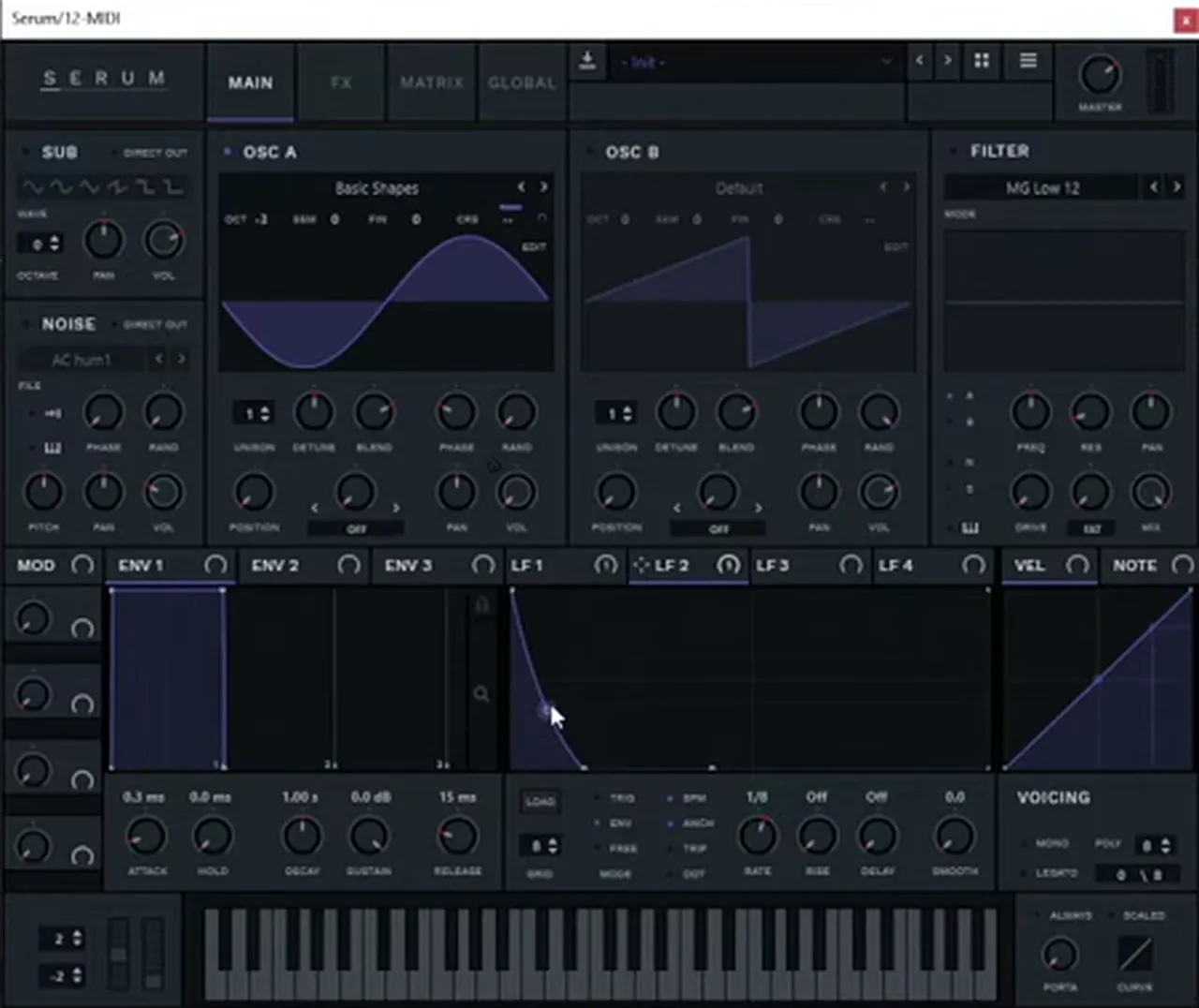 Serum DnB kick pitch envelope: LFO 2 in envelope mode drawn as a fast ramp on the coarse pitch of Osc A, oscillator tuned down